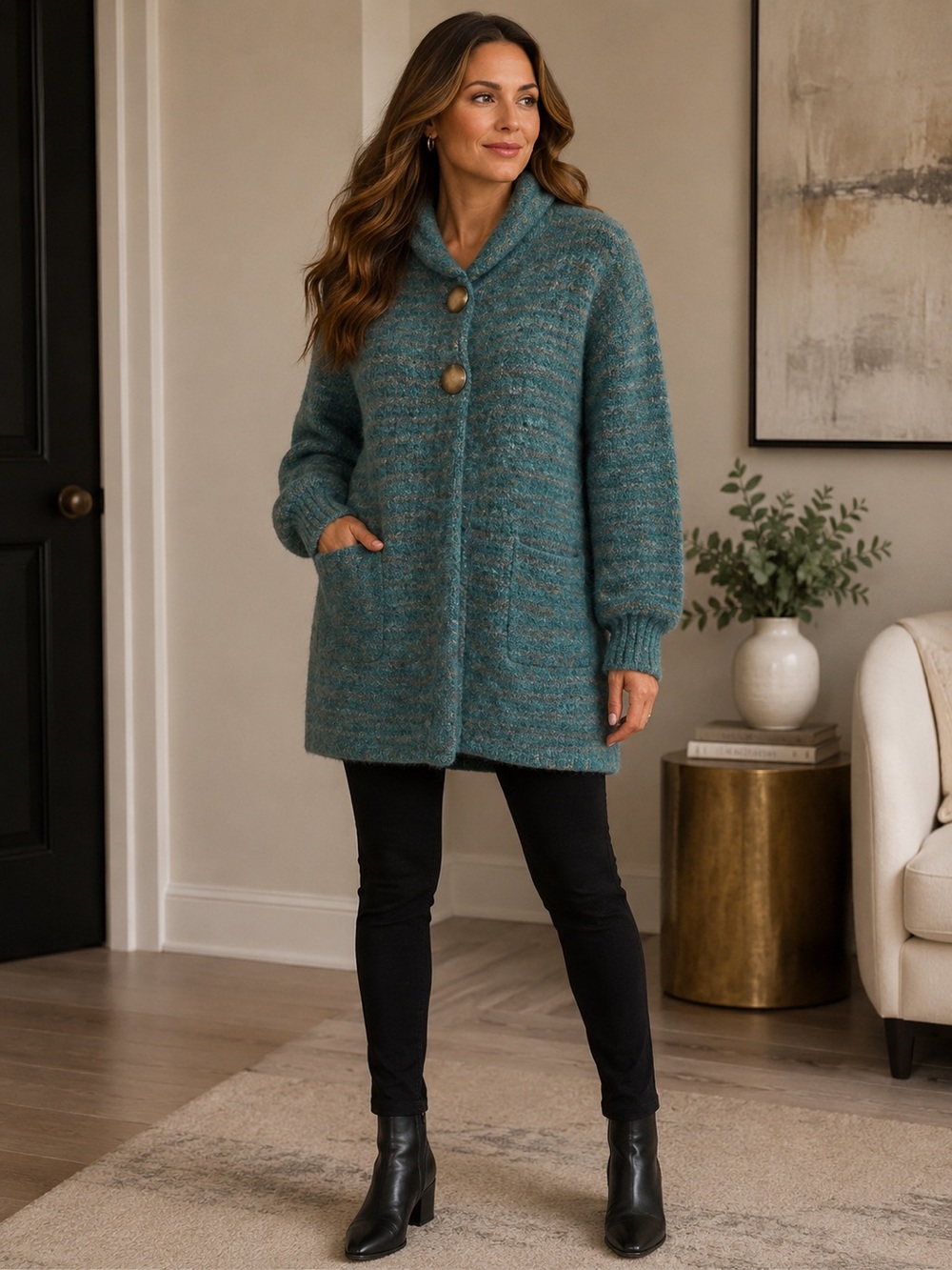 Cozy Teal Stripe Button-Front Women's Sweater Coat
